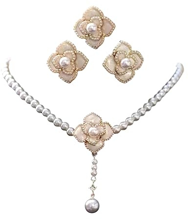 Dishowme Perlen-Halsketten-Ohrring-Set, Kristall, Kamelien-Blumen-Anhänger, Halskette, Vintage-Stil, Kunstperlen, Schmuck für Frauen und Mädchen (Weiß A)
