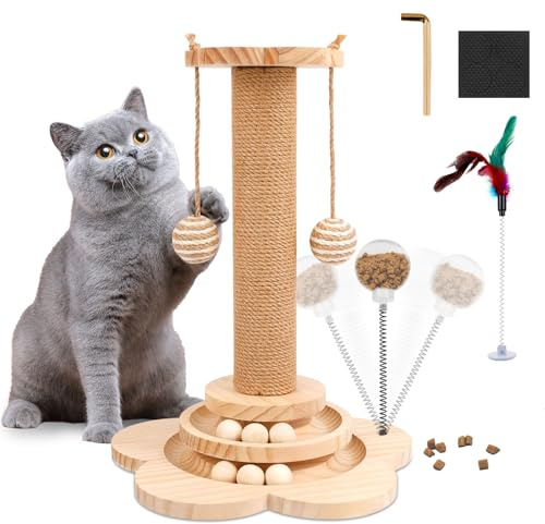 Interaktives Katzenspielzeug aus Holz,2-lagiger Drehteller Interaktives Katzen Spielzeug,3-in-1 Holzkugel-Katzenkarussell mit 40cm-hoher Kratzsäule,Rasselbällen & Feder für Katzen und Kätzchen