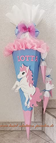 Schultüten Bastelset Einhorn Pony hellblau-rosa-weiß-Glitter mit 3 kleinen Tüten zum Anhängen MaterialType Schultütenzuschnitt 400g Karton