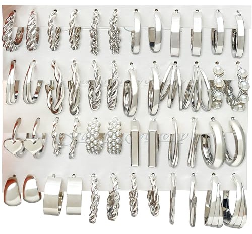 IFKM 24 Pairs Silver Hoop Earrings Set For Women Hypoallergenic Chunky Chain Twisted Open Hoops Dangle Earring Packs For Birthday Party Christmas Fashion Jewelry Gift