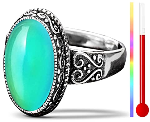 DALEGEM Womens Oval Temperature-Control Color Changing Crystal Ring,Retro 925 Sterling Silver Mystery Changeable Gemstone Boho Ring,Bohemian Statement Gem Stone Ring for Women (Ring_A, 7.0)