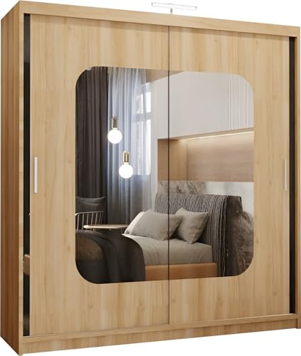 FURNITUREWAVE Alfa Sliding Door Wardrobe with Shelves & Hanging Rails White, Black, Grey & Oak Modern Furniture for Bedroom (120cm/150cm/180cm/203cm) (Oak, 120cm)