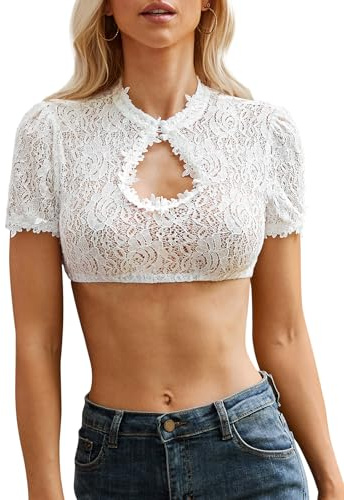 IIBOOYYE Women's Bavarian Oktoberfest Costume Traditional Dirndl Short Sleeve Lace Blouse Classic Tops White S