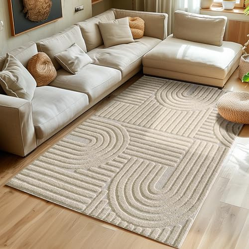 SIMPEX Tappeto a pelo alto per soggiorno, tappeto stile scandinavo e boho con design 3D, soffice e morbido.Misurare: 120 x 170 cm, Colore:Beige