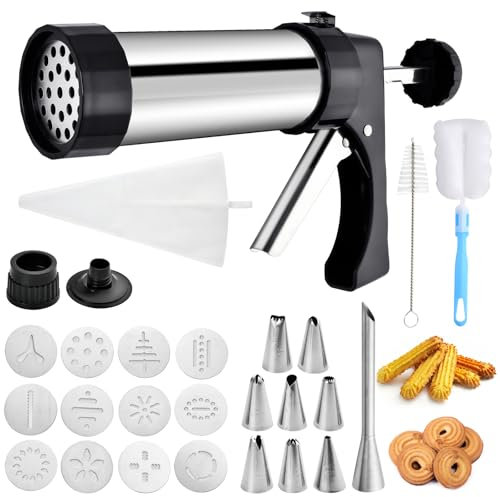 Elesunory Churro Maker Maschine, Plätzchenpresse zum Backen, 28 Stück Churro Maker Kit, 1 Edelstahl Churro Maker mit 1 Spritzbeutel, 1 Pufftüllen, 8 Spritztüllen, 13 Scheiben und 4 Reinigungsbürste