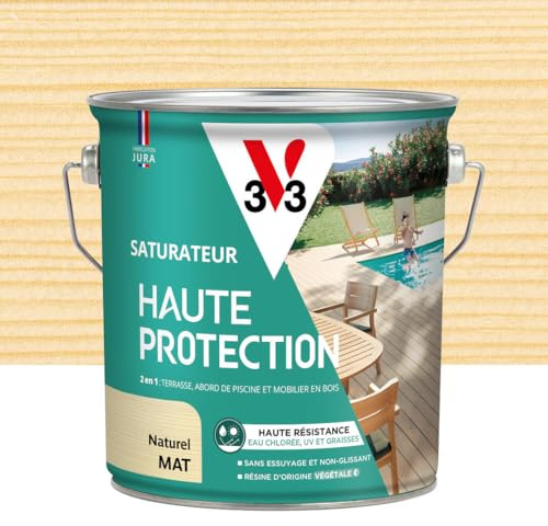 V33 Saturateur bois extérieur Naturel mat - Pour terrasses et mobilier de jardin - Haute résistance eau chlorée, UV et graisse - Sans essuyage et non glissant - Résine d'origine végétale - 2,5L | Pour terrasses et mobilier de jardin, Haute résistance eau chlorée, UV et graisse, Sans essuyage et non glissant