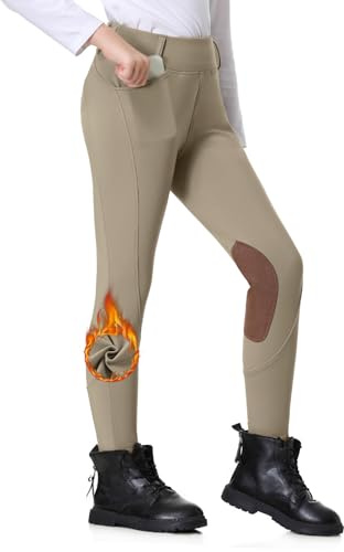 BELEROY Kids Horse Riding Pants Winter Fleece Lined Girls Equestrian Breeches Knee-Patch Horseback Tights with Pockets(Khaki,L)