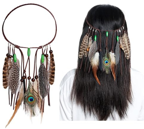 TAXTYHRE Indianer Feder Stirnband mit Pfauenfeder, Quasten Seil Weben, Hippie Haarbänder für Frauen Maskerade Kostüm Karneval Festival