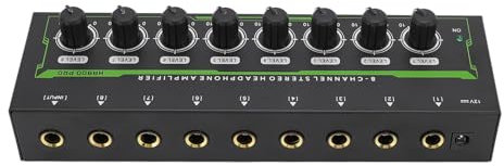 Jectse Amplificateur de Casque 8 Canaux, Amplificateur de Casque Stéréo 6,35 Mm, Mélangeur de Casque à Lumière Respiratoire RVB avec Contrôle de Volume Indépendant, pour Studio et Scène
