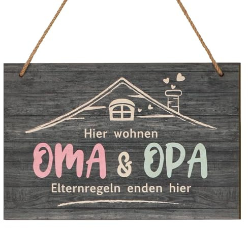 Oma und Opa Geschenk,Dekorative Ornamente aus Holz,Oma Opa Geschenke zum Geburtstag,Blechschilder Spruch,“Hier wohnen OMA OPA Elternregeln enden hier“Geschenk Oma und Opa zum Muttertag Weihnachten