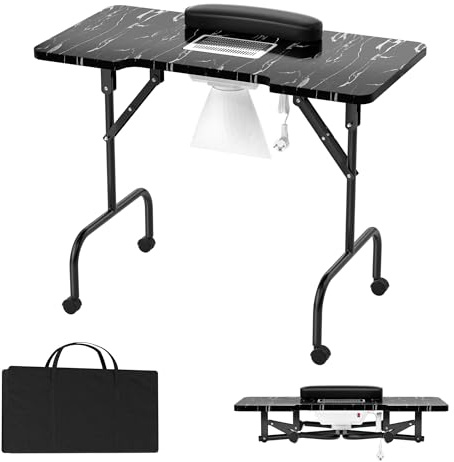 XMTECH Maniküretisch , Faltbar Nageltisch Maniküre Tisch Tragbaresmanikürtisch Nagelstudio-Tisch mit Rollen, Staubbeutel, Tragetasche, Schwarz