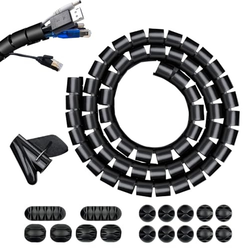 Kabelschlauch Schwarz [4m Länge, Ø28mm] - Flexibler Selbstschließend Kabelkanal mit 16* Silikon Kabelhalter + 1*Drahtführungsclip Kabelschutzschlauch für Büro, Computer/TV Kabelmanagement