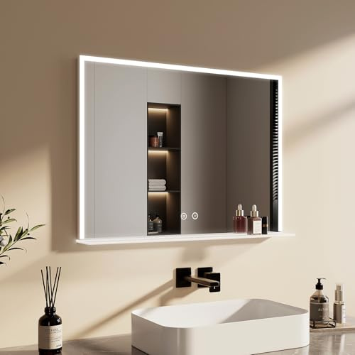 EMKE Badspiegel mit Beleuchtung 80x60cm, mit Ablage, 6500K | Badezimmerspiegel mit Antibeschlag, Touchschalter, Speicherfunktion, dimmbares kaltweißes Licht, 3h Abschaltautomatik