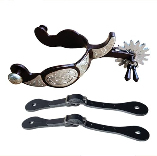 Sport Tent-Reitsporen mit Riemen Western Sporen Vitage Westernsporen Pferdesporen Cowboy Reiten Schnürsenkel Knöchel Schuhriemen für Pferdetraining Reitdressur (Silber mit die schwarzen Spornen Binde)