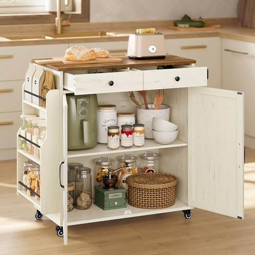 VASAGLE Mobile Kitchen Island, Portable Island with Spice Rack, Mobile Cart with Storage Cabinet, 17.7 x 36.5 x 36 Inches, for Dining Room, Rustic White and Honey Brown UKKI008W01