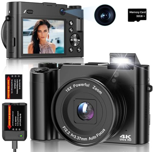 Digitalkamera Fotokamera Vlogging Kamera 64MP 4K mit Front und Rückobjektiv, 16X Zoom, 3 IPS‑Bildschirm, 32GB Karte, Webcam & Vlog‑Funktion Perfekte Kompakte Kamera Fotokamera für Teens, Einsteiger