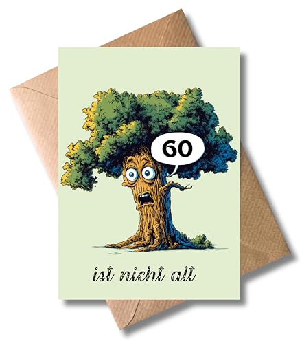 WBdesignz Geburtstagskarte 60 mit Umschlag – Lustige Karte „40 ist nicht alt“ Baum Comic Witzig Spaßkarte Geschenkkarte für Männer & Frauen (DIN A6)
