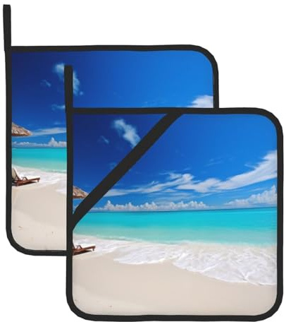 2 presine con tasca, resistenti al calore, per controsoffitti, presine da forno bianche da spiaggia tropicale per cucina, sottopentola da forno da 20,3 cm