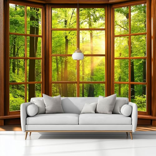 Fotomurales 200 x 140 cm Ventana Con Paisaje Forestal Surrealista Papel Pintado Tejido No Tejido Verde Fotomural Efecto 3D Papel Tapiz Decorativos, pared Murales Póster para Dormitorio Salón TV Pared