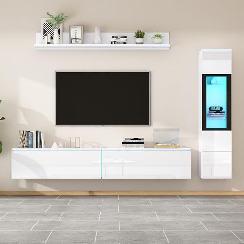 ModernLuxe 3-Piece Media Wall Unit Set, Floating Shelf, High Gloss LED Floating TV Unit and Elegant Display Cabinet, Contemporary White Living Room Furniture Set for Stylish & Functional Home Decor