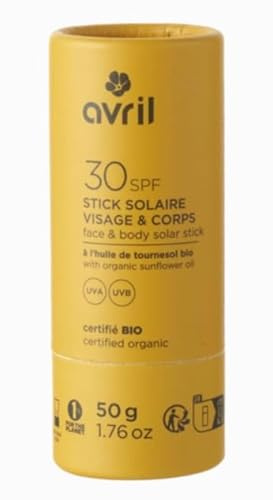 Avril Stick Solaire Bio Visage & Corps, SPF 30, Protection UVA/UVB, 50g, Format Solide