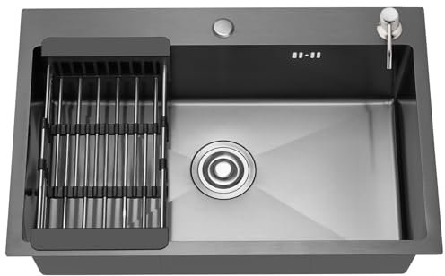 Evier Cuisine 1 Bac 68 x 45 cm DEWINNER, Evier Inox avec Filtre de Vidange, Evier à Poser avec Trous pour Robinets et Distributeurs de Savon