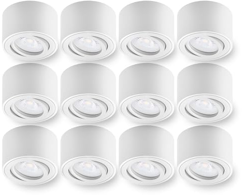 Oktaplex 12 Stück LED Aufbauspot Lile Weiß dimmbar 4,9W 370lm | 230V, 2700K Warmweiß, 80x50mm, Aufputz Aufbaustrahler Aluminium Schwenkbar
