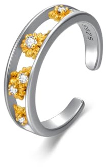 LABBAO Diamant-Sonnenblumen-Zehenring für Damen, 925er Sterlingsilber, Sonnenblumen-Zehenring, verstellbar, mit im Labor gezüchtetem Diamant, Boho-Mittelfingerringe, Schmuck, Geschenke zum Geburtstag