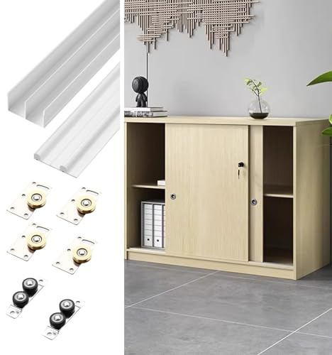Schiebetür Schiene Schiebetürbeschläge, Laufschienen-Set für Doppeltüren (Schranktüren), Schieberollen-System, Schranktüren, Schiebetürsystem für Arbeitszimmertüren(White,86inch/218.4cm)