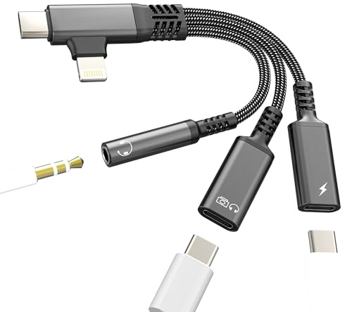 OTG Headphone Jack Adapter USB-C Aux 3.5mm Lightning Cable Audio for iPhone 17 16 15 14 13 Pro Max Compatible with Samsung S25 Charger Car Port Dual Converter Connector Dongle Plug Microphone Stereo