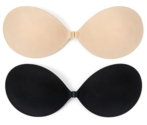 2 Pcs Stick on Bra Push up,Sticky Bra Self Adhesive Strapless Bras for Women,Invisible Backless Nude Black Silicone Bras Cups Women's Boob Lifter Beauty Braless Support,for Large Breasts Heavy Breast