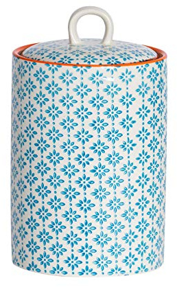 Nicola Spring Patterned Kitchen Canister - 1 Litre - Blue | Stoneware Hand Printed Kitchen Storage Jar Airtight Biscuit Barrel for Biscuits, Oats, Tea, Coffee