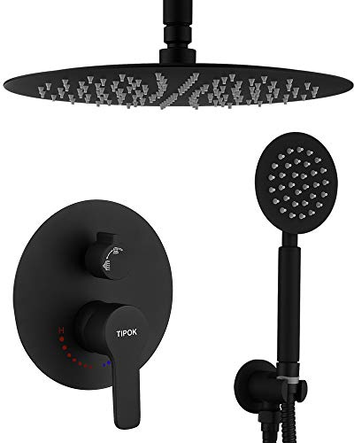TIPOK Black Shower System, Ceiling Rainfall Shower Faucet Sets Complete of High Pressure, Rain Shower Head with Handheld, Bathroom 12'' Shower Combo with Rough-in Valve Included