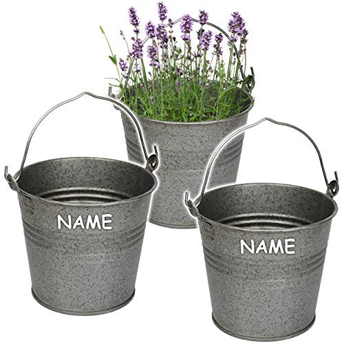 Kleiner - Metalleimer/Blumentopf - metallic grau/anthrazit - inkl. Name - 15 cm hoch - 2 Liter - Metall rostfrei - Blech Eimer - rund - mit 3-D Effekt Ril..