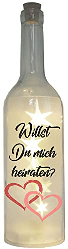WB wohn trends LED-Flasche Folien-Motiv Willst Du Mich heiraten? Herz, 29cm, Flaschen-Licht Lampe mit Text Spruch