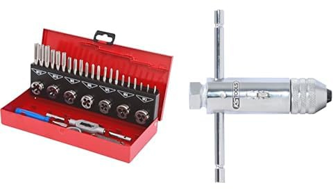 KS Tools 331.0632 Coffret De Jeux De Tarauds Et Filières -Avec Mallette De Rangement Rouge En Acier Anti Rouille - Outtilage Mecanique Auto 32 Pièces & 331.0665 Porte taraud réversible à cliquet M5-12