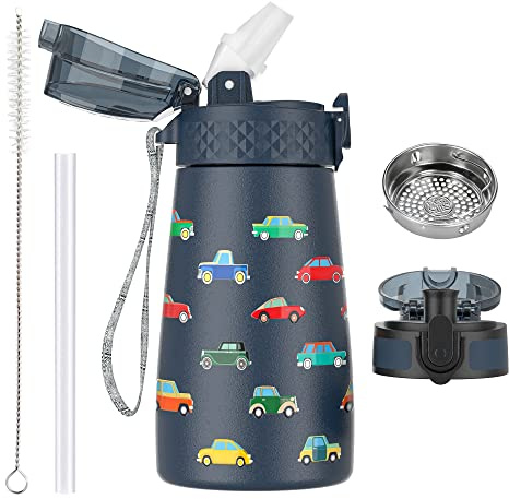OLDLEY 350ml Kinder Edelstahl Wasserflasche mit Stroh für Schule mit 2 verschiedenen Deckeln, Metall Vakuum Isolierte Wasserflaschen für Jungen Mädchen Kleinkind Kinder Heiße kalte Getränke BPA frei
