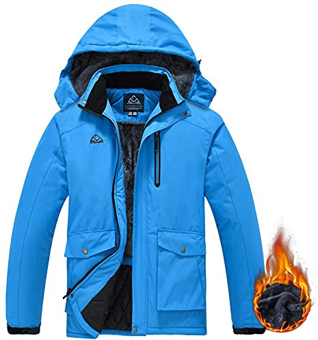 donhobo Men's Waterproof Ski Jackets,Winter Fleece Windproof Jacket Outdoor Hiking Windbreaker Coats with Hood Blue L