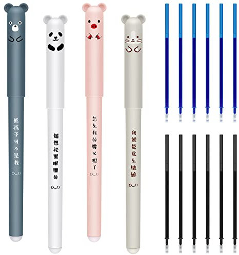 Vicloon Radierbarer Kugelschreiber, 4 pcs Tintenroller Radierbar mit 12 Nachfüllungen, 0,35 mm Radierbarer Kugelschreiber Cartoon Löschbarer Stift Erasable Pen Set Tinte Stifte Cartoon Stift Radierbar