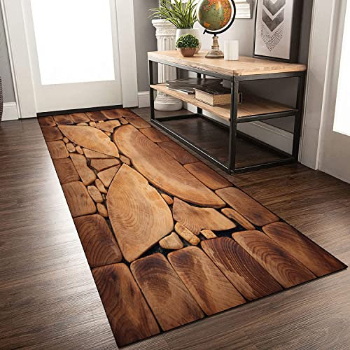 Siunwdiy Teppich Läufer rutschfest Braun Teppichläufer Meterware Küchenläufer 3D Teppich Holzoptik Waschbar Flurläufer Lang Küchenteppich Für Korridor Schlafzimmer Wohnzimmer70x150cm