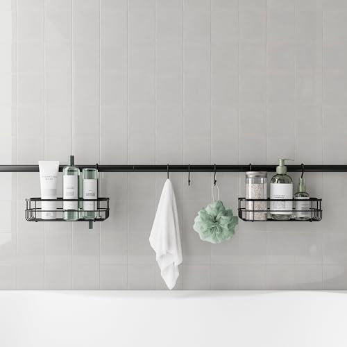 Zenna Home Bathroom Organizer Shower Caddy, Adjustable Horizontal Tension Pole Between Wall Shower Storage System with 2 Baskets and 3 Hooks, 26 to 76 Inch, Matte Black