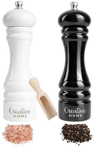 Creative Home Große Salz Pfeffermühle Holz | Set 2 Mühlen Weiß Schwarz 18cm | mit Mini-Holzschaufel | Manueller Quetschmechanismus | Perfekte Salzmühle Gewürzmühle für Jede Küche