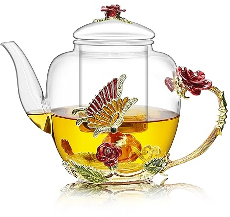 1300 ml große Emaille-Teekanne mit Teesieb, florale Glas-Teekanne mit roter Rose, Blume, Schmetterling, herausnehmbares Teesieb für blühenden Tee, losen Tee, Obsttee, Teebeutel