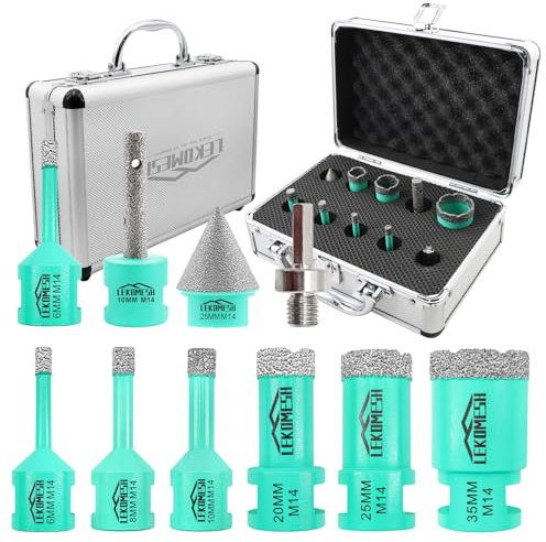 LEKOMESH Diamant Bohrkrone Kit - 10 Stück (6/6/8/10/20/25/35mm+10mm Diamant Fingerfräser+25mm Diamant Fasenfräser+Adapter) Diamant Lochsäge Für Porzellan Keramik Fliesen Marmor, Mintgrün