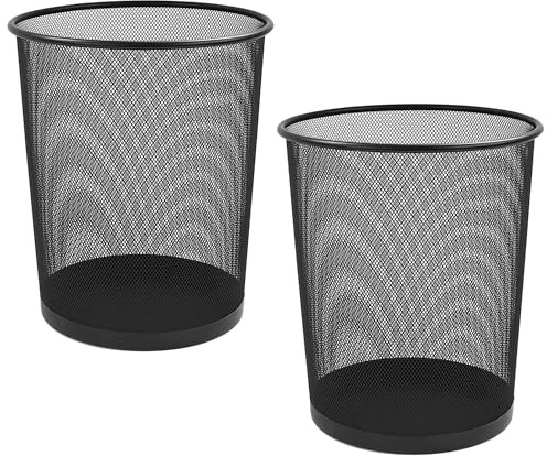 2 UR DOOR Metal Mesh Waste Basket Round Trash Bin For Kitchen, Bathroom, Bedroom - 27x23.5x23.5cm - Small Office Bin, Teenagers Room and Dorm Accessories, Lightweight Rubbish Can (Black 2)