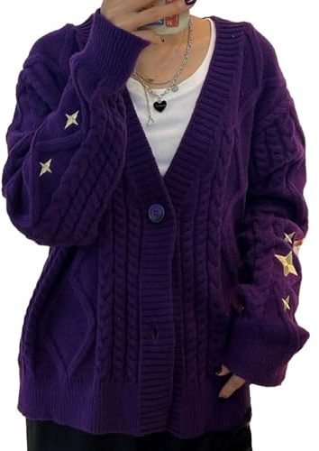 Mvdlinnds Speak Now Damen-Strickjacke V-Ausschnitt Stern Bedruckt Knopfleiste Strick Purpur (M)