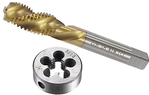 CoCud Metrische Gewindebohrer und Matrizen Set M14 x 2 Gewinde Ti-beschichtete Spirale Nuten Schrauben Gewindebohrer und Rundmatrizen Werkzeug - (für Gewindeschneiden Reparieren) 1Set