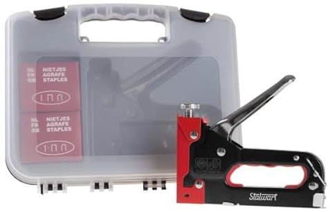 Heavy Duty Staple Gun for Wood Carpentry, DIY Crafts, or Furniture Upholstery Stapler with Staples - 3-Way Heavy Duty Stapler Gun with Carrying Case and 3 Types of Staples Included by Stalwart (Red)