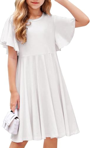 Arshiner Robe à Manches Papillon - Trapèze Col Rond en Coton pour Fille - Tenue d'été Festive et Décontractée pour Fête de Mariage avec Poche