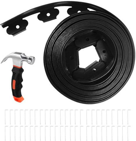 MaxAwe Flexible Rasenkante Kunststoff mit 50 Erdanker, Garten Beeteinfassung Länge 10m Höhe 5cm mit 1x Hammer, Raseneinfassung Rasenmähkante, Zaun Garten, Rasenkantenprofile Leicht zu verarbeiten